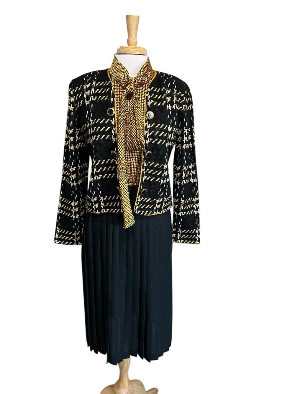 Leslie Fay Dress Gold Black Tweed Jacket Pleated 80s Academia Old Money sz 6